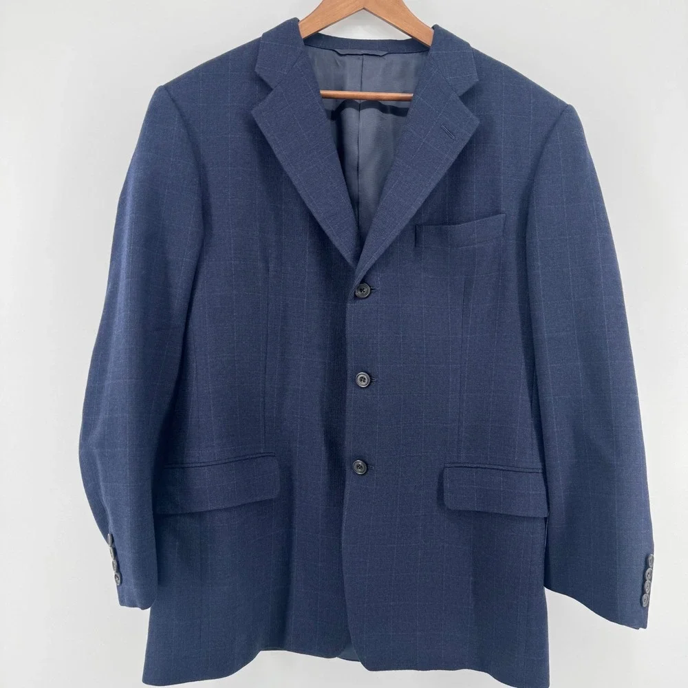 Hickey Freeman Boardroom Collection‎ Wool Cashmere Windowpane Blazer 42 Reg Navy